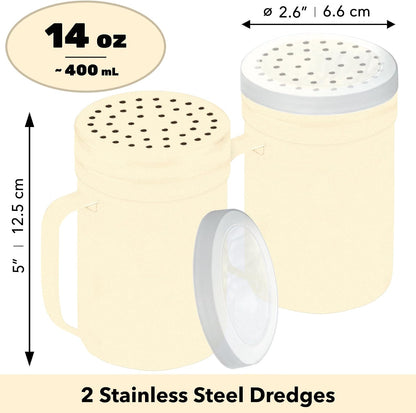 CUSINIUM Metal Salt Pepper Dredge Shakers - With Handle - Seasonings Spice Shakers With Holes and Lids - 10 Ounce, 2pcs | Style: Medium