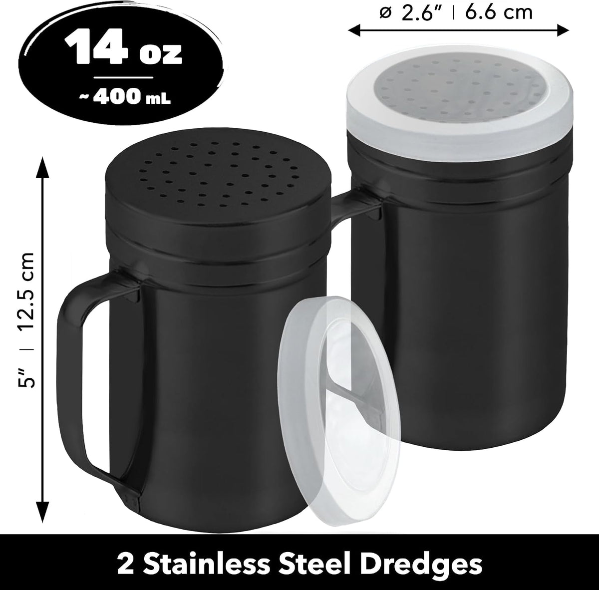 CUSINIUM Metal Salt Pepper Dredge Shakers - With Handle - Seasonings Spice Shakers With Holes and Lids - 10 Ounce, 2pcs | Style: Medium