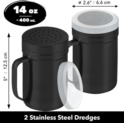 CUSINIUM Metal Salt Pepper Dredge Shakers - With Handle - Seasonings Spice Shakers With Holes and Lids - 10 Ounce, 2pcs | Style: Medium