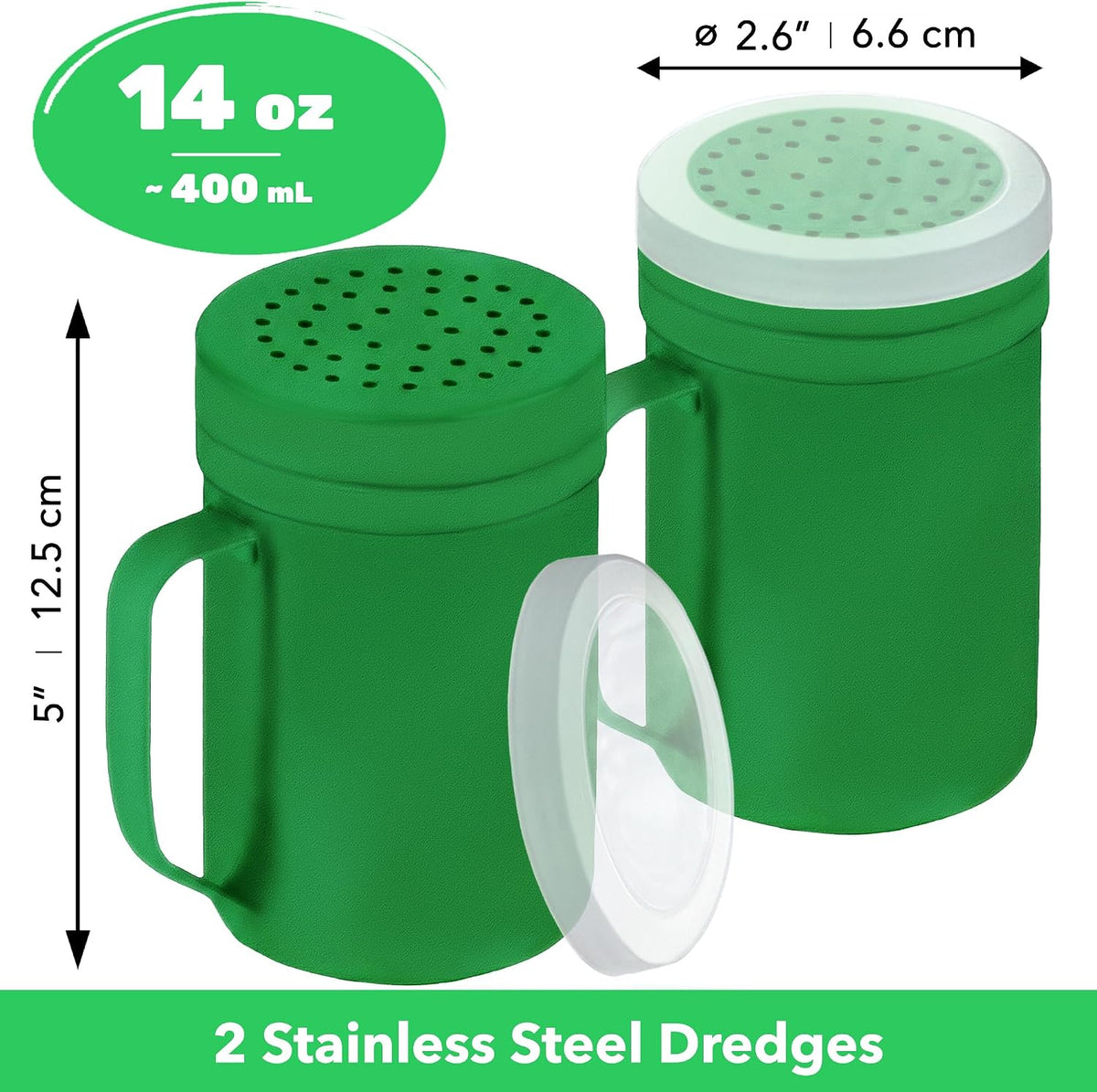 CUSINIUM Metal Salt Pepper Dredge Shakers - With Handle - Seasonings Spice Shakers With Holes and Lids - 10 Ounce, 2pcs | Style: Medium
