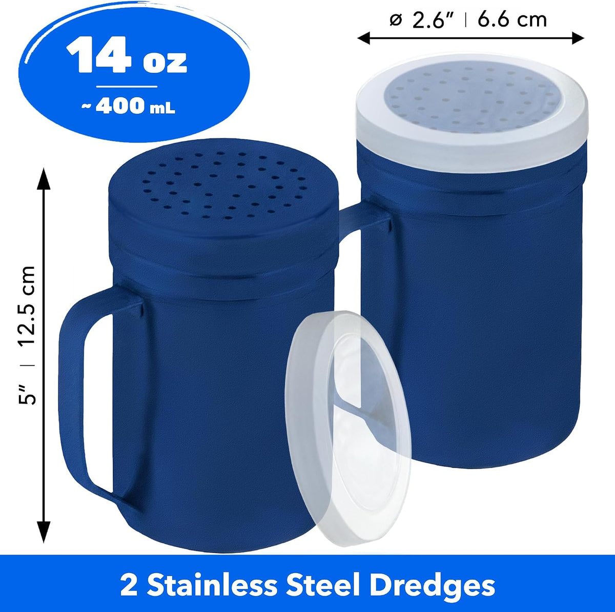 CUSINIUM Metal Salt Pepper Dredge Shakers - With Handle - Seasonings Spice Shakers With Holes and Lids - 10 Ounce, 2pcs | Style: Medium