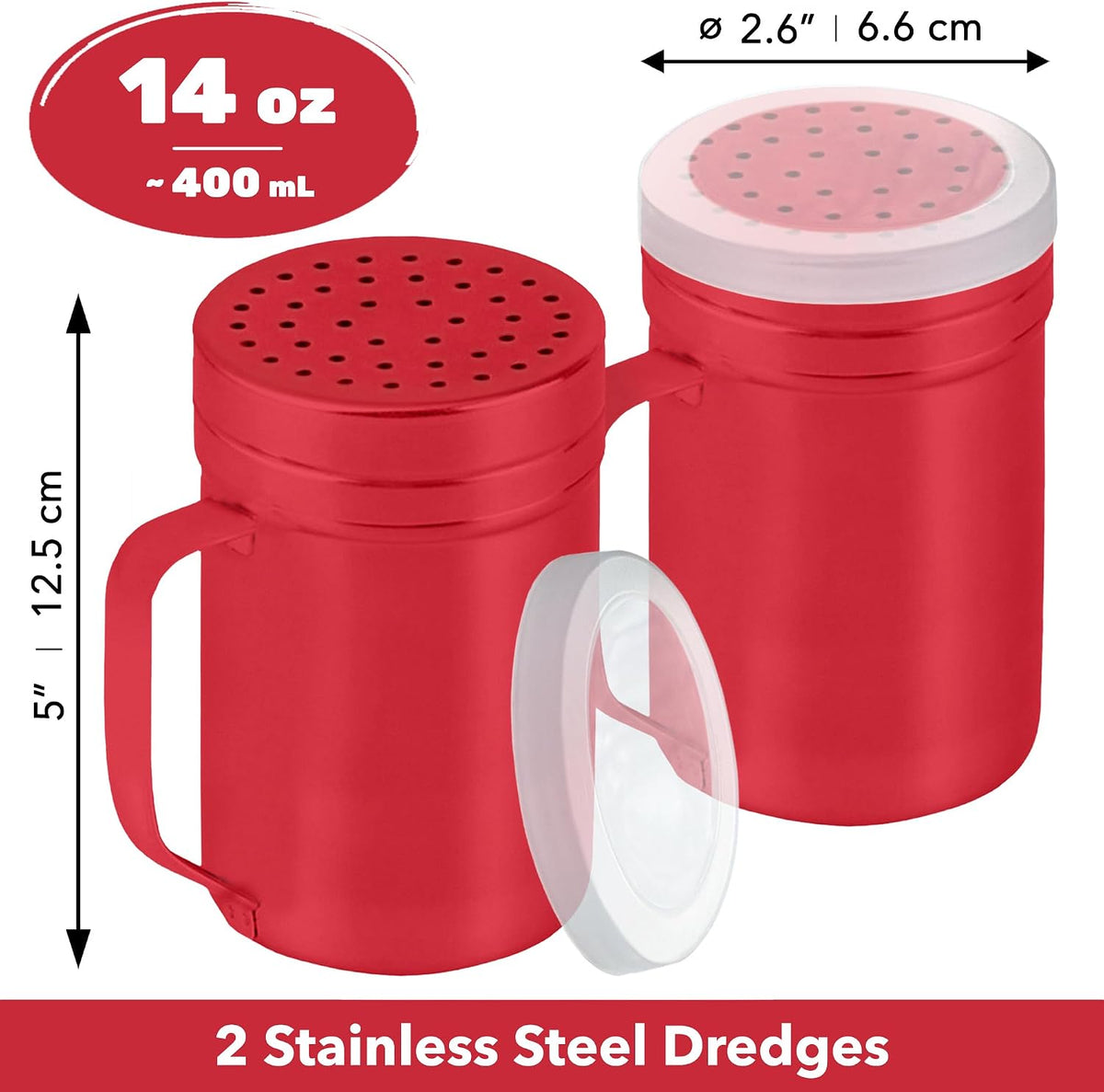 CUSINIUM Metal Salt Pepper Dredge Shakers - With Handle - Seasonings Spice Shakers With Holes and Lids - 10 Ounce, 2pcs | Style: Medium