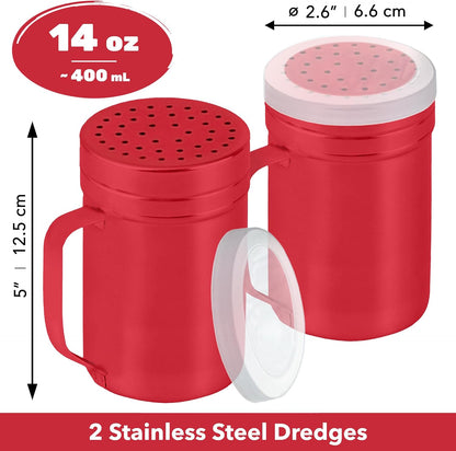 CUSINIUM Metal Salt Pepper Dredge Shakers - With Handle - Seasonings Spice Shakers With Holes and Lids - 10 Ounce, 2pcs | Style: Medium