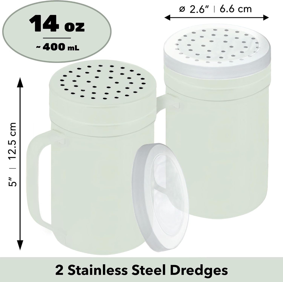 CUSINIUM Metal Salt Pepper Dredge Shakers - With Handle - Seasonings Spice Shakers With Holes and Lids - 10 Ounce, 2pcs | Style: Medium