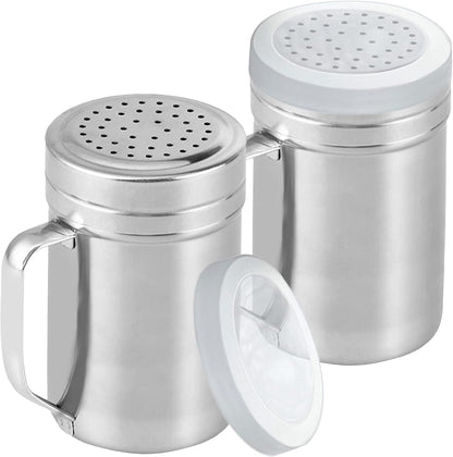 CUSINIUM Metal Salt Pepper Dredge Shakers - With Handle - Seasonings Spice Shakers With Holes and Lids - 10 Ounce, 2pcs | Style: Medium