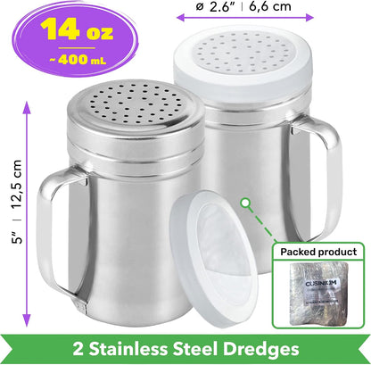 CUSINIUM Metal Salt Pepper Dredge Shakers - With Handle - Seasonings Spice Shakers With Holes and Lids - 10 Ounce, 2pcs | Style: Medium