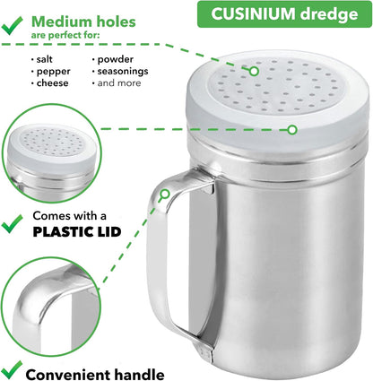 CUSINIUM Metal Salt Pepper Dredge Shakers - With Handle - Seasonings Spice Shakers With Holes and Lids - 10 Ounce, 2pcs | Style: Medium