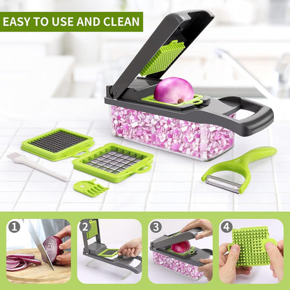 Vegetable Chopper, Multifunctional 13-in-1 Food Choppers Onion Chopper Vegetable Slicer Cutter Dicer Veggie chopper with 8 Blades,Colander Basket,Container for Salad Potato Carrot Garlic
