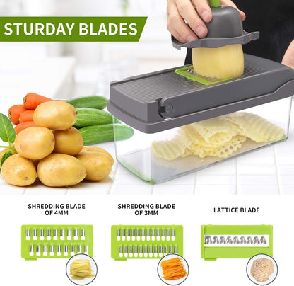 Vegetable Chopper, Multifunctional 13-in-1 Food Choppers Onion Chopper Vegetable Slicer Cutter Dicer Veggie chopper with 8 Blades,Colander Basket,Container for Salad Potato Carrot Garlic
