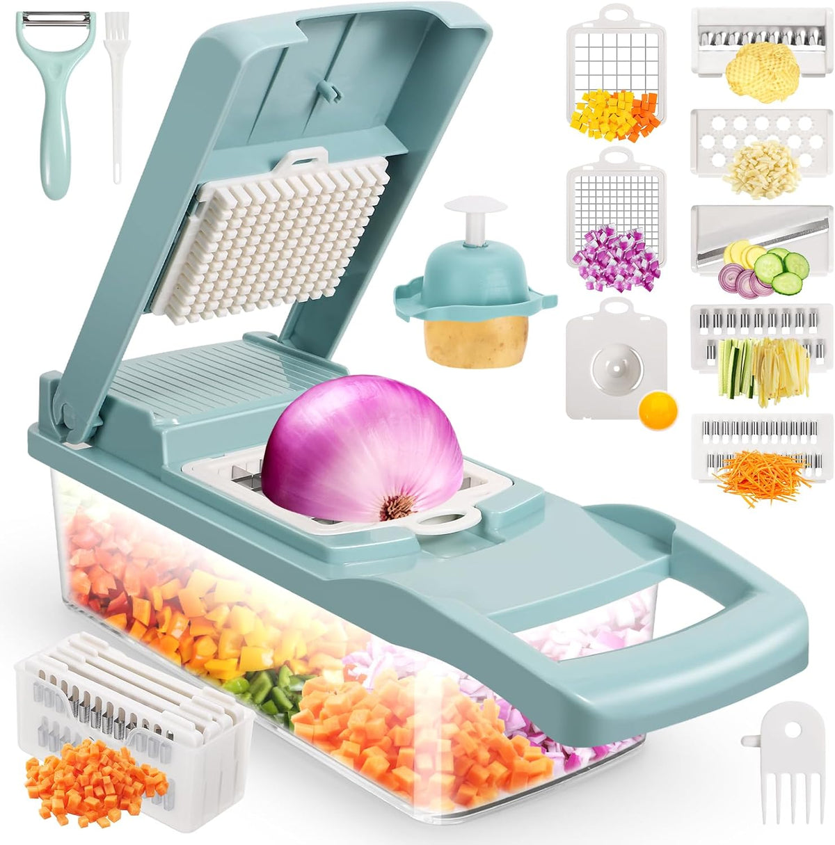 Vegetable Chopper, Multifunctional 13-in-1 Food Choppers Onion Chopper Vegetable Slicer Cutter Dicer Veggie chopper with 8 Blades,Colander Basket,Container for Salad Potato Carrot Garlic