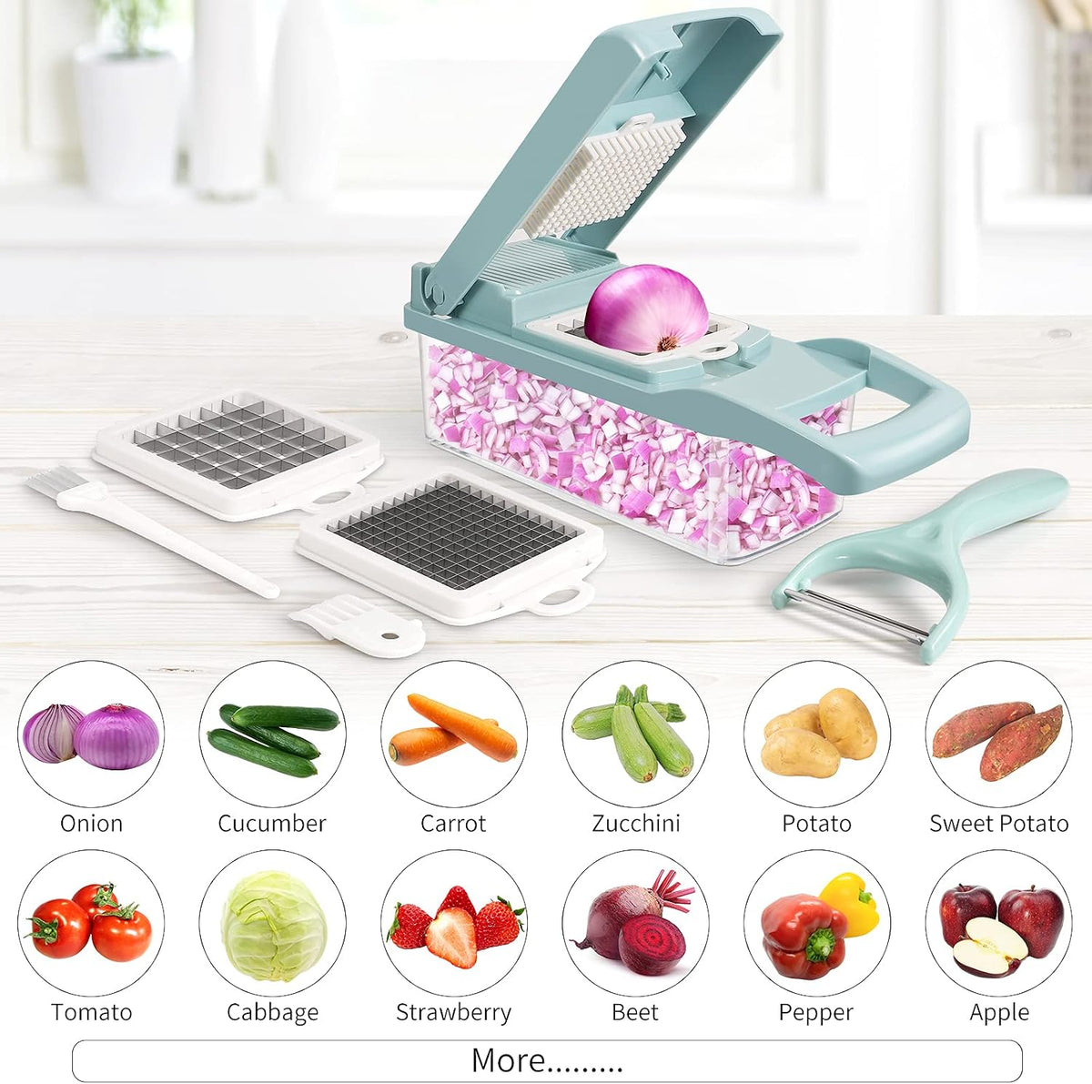 Vegetable Chopper, Multifunctional 13-in-1 Food Choppers Onion Chopper Vegetable Slicer Cutter Dicer Veggie chopper with 8 Blades,Colander Basket,Container for Salad Potato Carrot Garlic