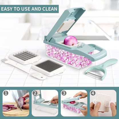 Vegetable Chopper, Multifunctional 13-in-1 Food Choppers Onion Chopper Vegetable Slicer Cutter Dicer Veggie chopper with 8 Blades,Colander Basket,Container for Salad Potato Carrot Garlic