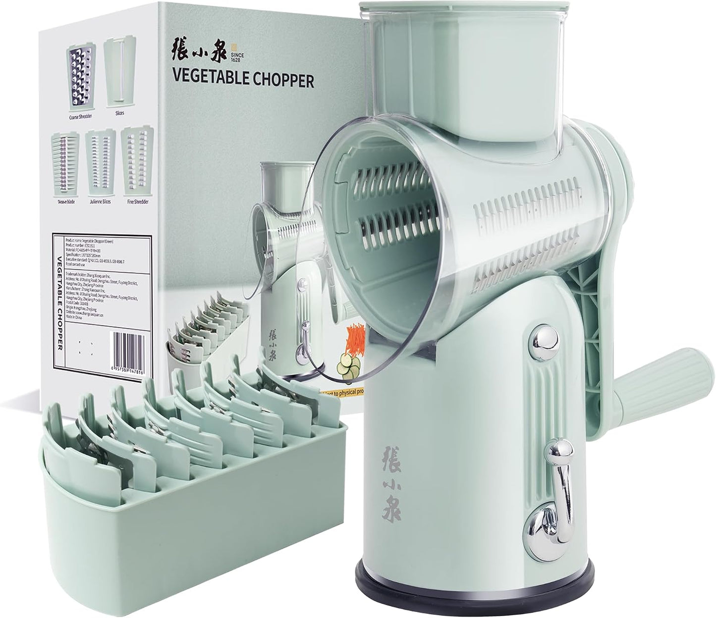 Rotary Cheese Grater Manual Hand Crank with 5 Blades & Suction Base, Kitchen Vegetable Shredder Slicer for Veggie, Nuts, Fruit, Green