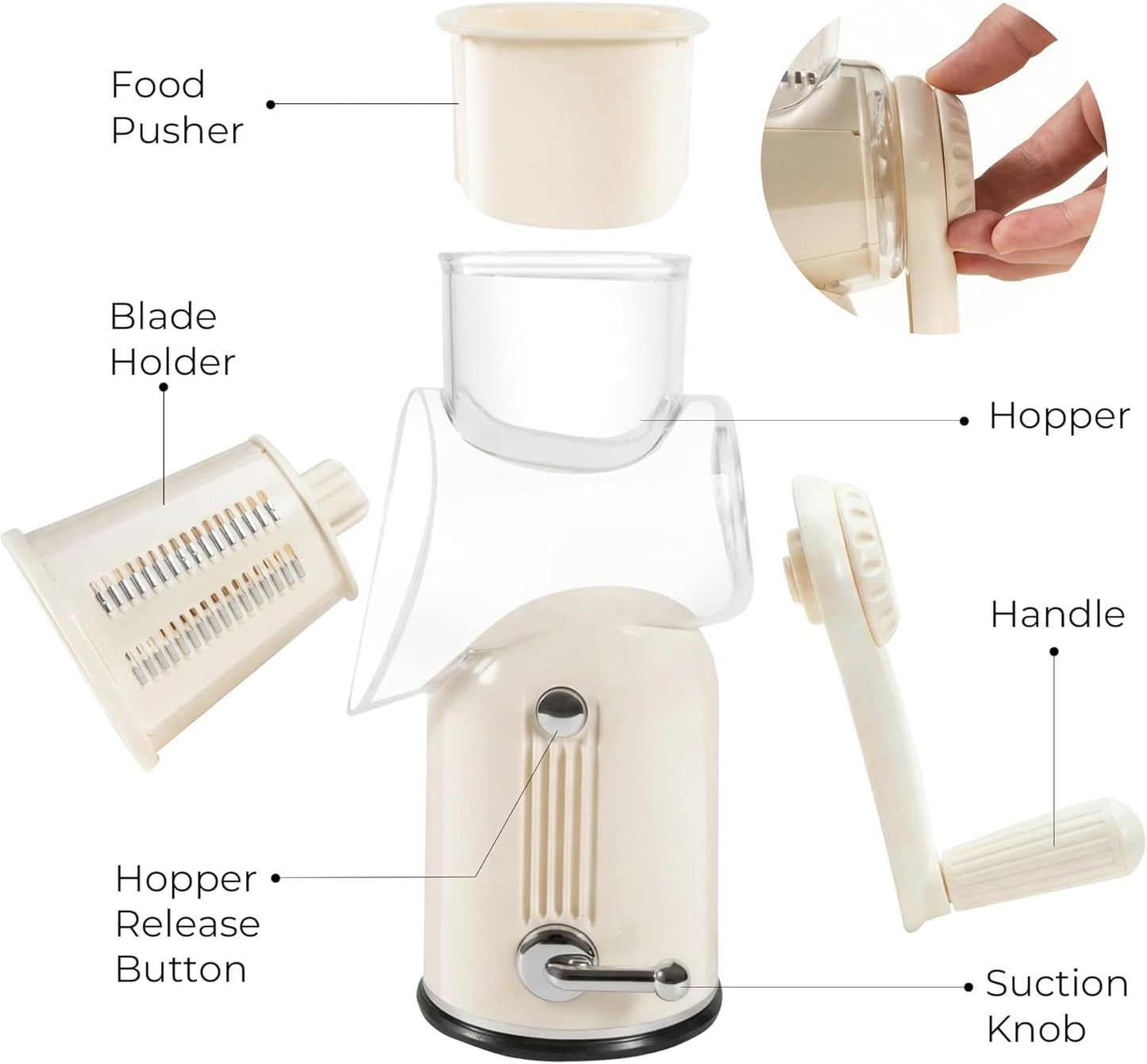 Rotary Cheese Grater Manual Hand Crank with 5 Blades & Suction Base, Kitchen Vegetable Shredder Slicer for Veggie, Nuts, Fruit, Green