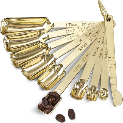 Stainless Steel Measuring Spoons with Leveler, 10pcs, Gold | Heavy Duty Metal, Rectangle Shape, Tablespoon Teaspoon, Fits in Spice Jars, For Kitchen Cooking Baking