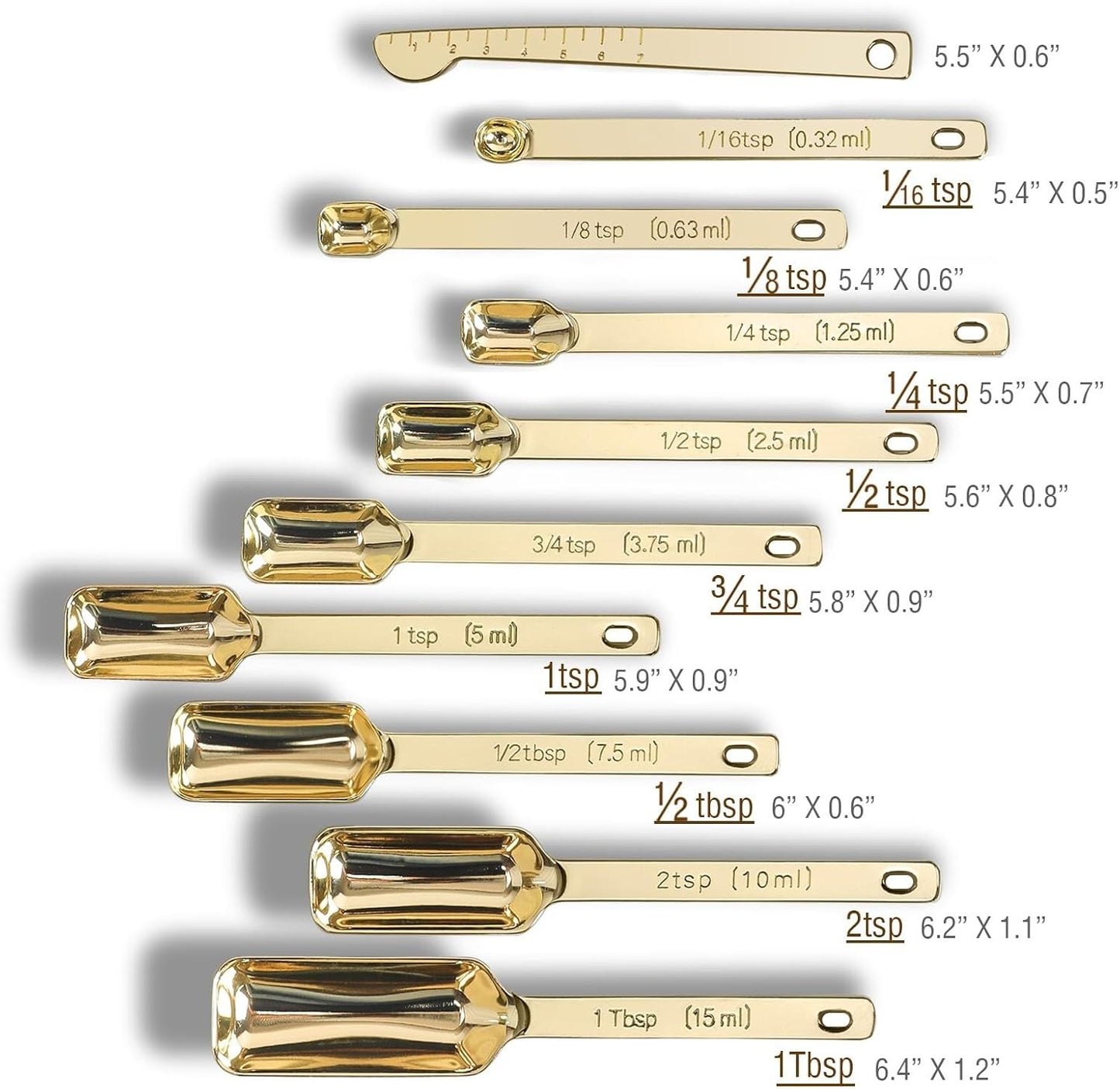 Stainless Steel Measuring Spoons with Leveler, 10pcs, Gold | Heavy Duty Metal, Rectangle Shape, Tablespoon Teaspoon, Fits in Spice Jars, For Kitchen Cooking Baking