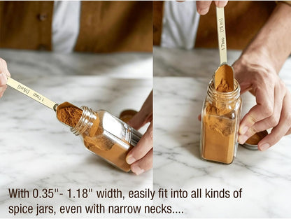 Stainless Steel Measuring Spoons with Leveler, 10pcs, Gold | Heavy Duty Metal, Rectangle Shape, Tablespoon Teaspoon, Fits in Spice Jars, For Kitchen Cooking Baking