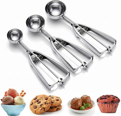 Ice Cream Scoop, 3Pcs Cookie Scoop Set, Stainless Steel Ice Cream Scooper with Trigger Release, Large/Medium/Small Cookie Scooper for Baking, Cookie Scoops for Baking Set of 3 with Cookie Dough Scoop
