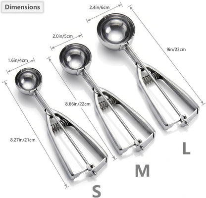 Ice Cream Scoop, 3Pcs Cookie Scoop Set, Stainless Steel Ice Cream Scooper with Trigger Release, Large/Medium/Small Cookie Scooper for Baking, Cookie Scoops for Baking Set of 3 with Cookie Dough Scoop