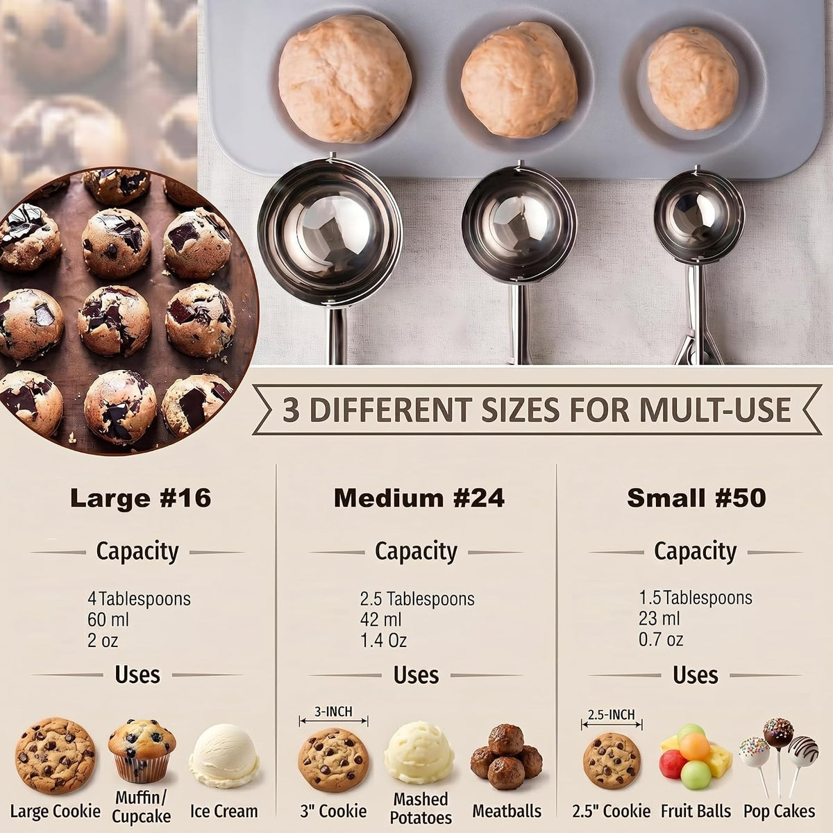 Ice Cream Scoop, 3Pcs Cookie Scoop Set, Stainless Steel Ice Cream Scooper with Trigger Release, Large/Medium/Small Cookie Scooper for Baking, Cookie Scoops for Baking Set of 3 with Cookie Dough Scoop