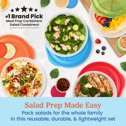 Easyboxes Salad-to-Go Containers - 8-Piece Set: 4 Bowls, Leak-Proof Dressing Cups Built-In & 4 Fitted Lids Seal in Freshness; Reusable/BPA-Free for Salad, Pasta, & Cereal (Classic)