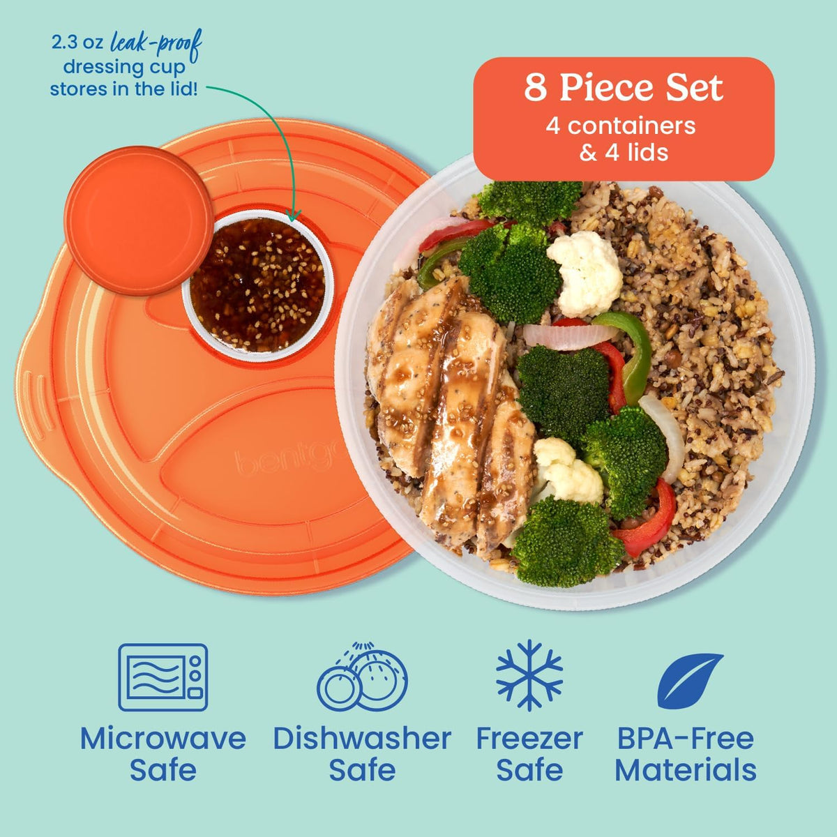 Easyboxes Salad-to-Go Containers - 8-Piece Set: 4 Bowls, Leak-Proof Dressing Cups Built-In & 4 Fitted Lids Seal in Freshness; Reusable/BPA-Free for Salad, Pasta, & Cereal (Classic)
