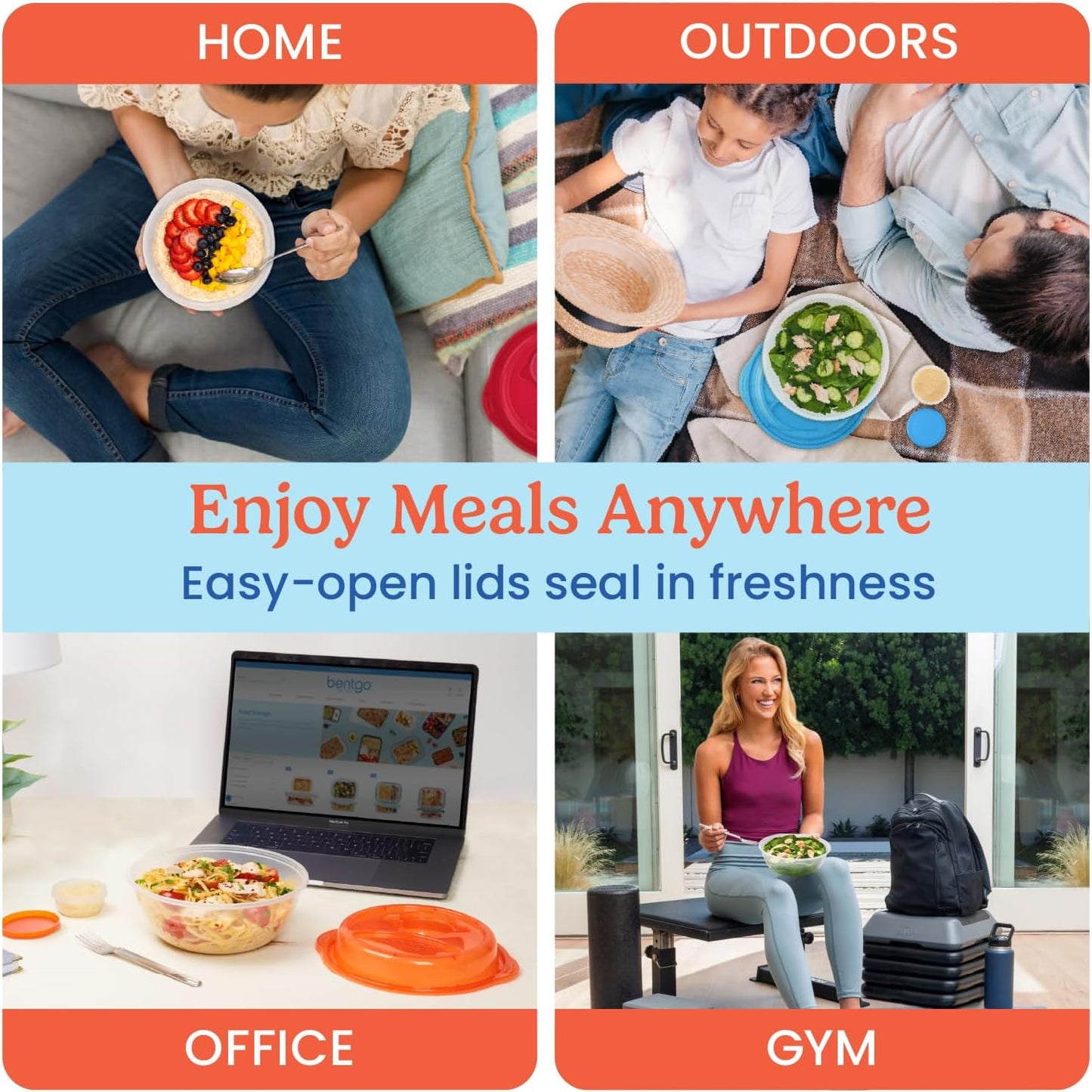 Easyboxes Salad-to-Go Containers - 8-Piece Set: 4 Bowls, Leak-Proof Dressing Cups Built-In & 4 Fitted Lids Seal in Freshness; Reusable/BPA-Free for Salad, Pasta, & Cereal (Classic)