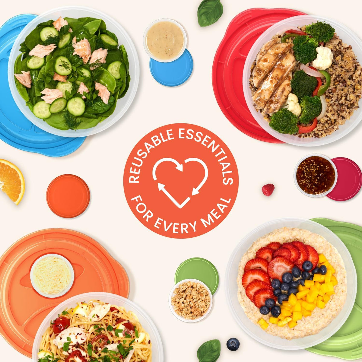 Easyboxes Salad-to-Go Containers - 8-Piece Set: 4 Bowls, Leak-Proof Dressing Cups Built-In & 4 Fitted Lids Seal in Freshness; Reusable/BPA-Free for Salad, Pasta, & Cereal (Classic)