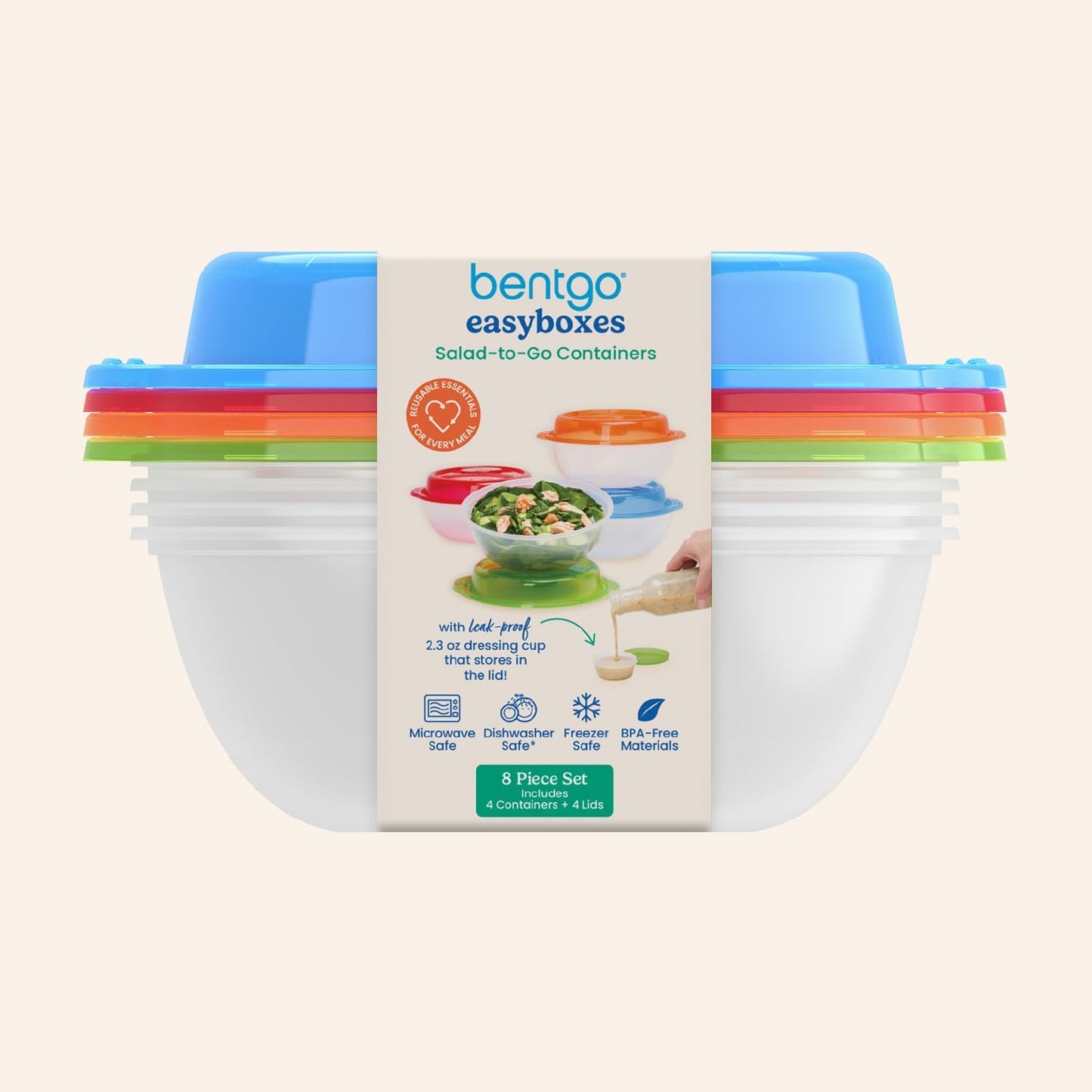 Easyboxes Salad-to-Go Containers - 8-Piece Set: 4 Bowls, Leak-Proof Dressing Cups Built-In & 4 Fitted Lids Seal in Freshness; Reusable/BPA-Free for Salad, Pasta, & Cereal (Classic)