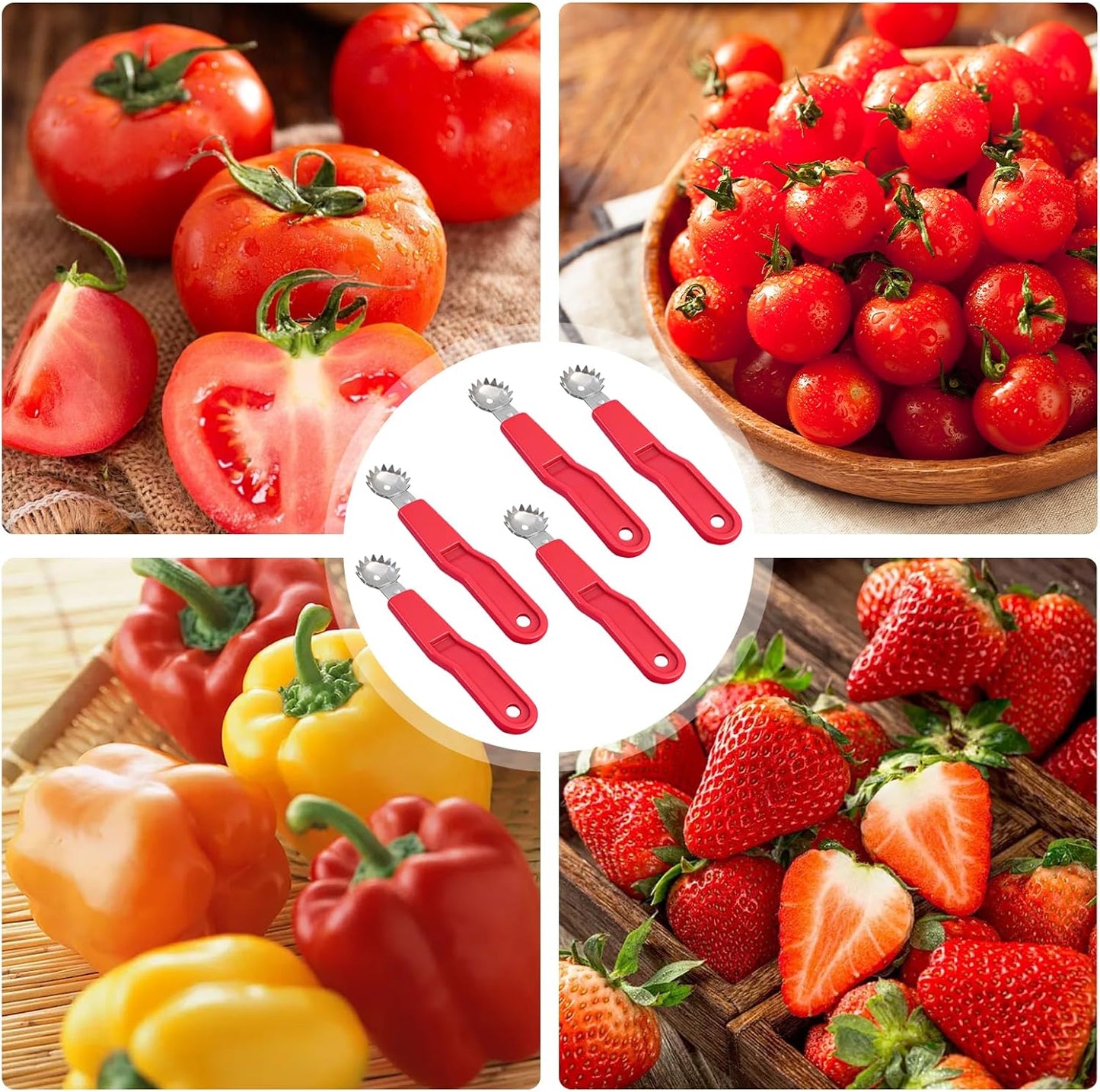 5 Pcs Tomato Corer Tool Strawberry Huller Stem Remover, Handle with hole, Stainless Steel, Fruit Corer Tool for Tomato Strawberry