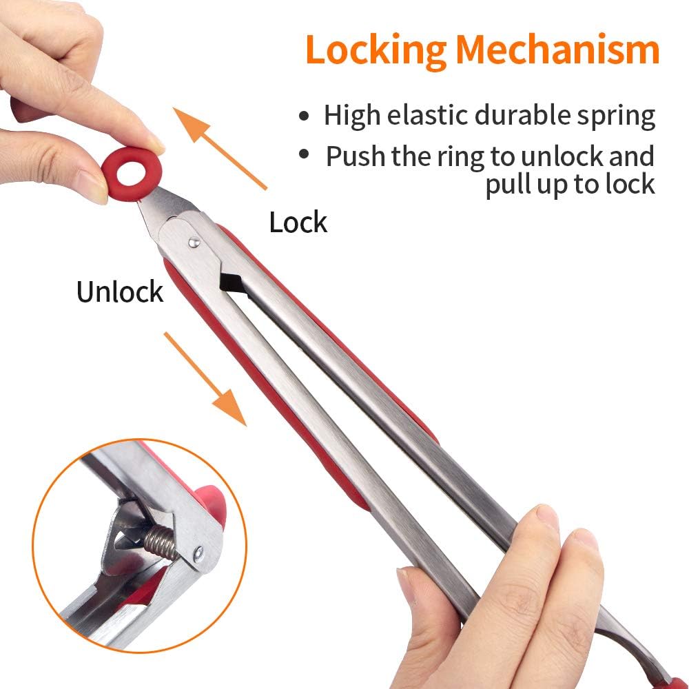 Kitchen Tongs Set of 2 Silicone Tongs in Pinch Test Grade, 12 Inch Salad Tongs Cooking Tongs with Silicone Tips IP Accessories, Metal Tongs for Cooking, Grilling, BBQ and Serving - Black & Red