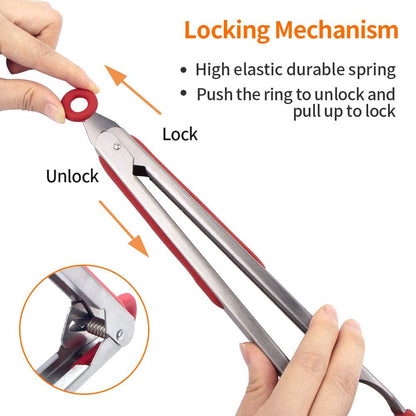 Kitchen Tongs Set of 2 Silicone Tongs in Pinch Test Grade, 12 Inch Salad Tongs Cooking Tongs with Silicone Tips IP Accessories, Metal Tongs for Cooking, Grilling, BBQ and Serving - Black & Red