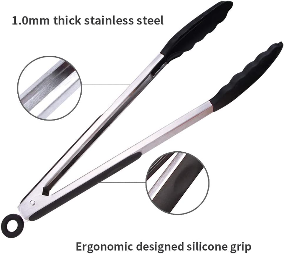 Kitchen Tongs Set of 2 Silicone Tongs in Pinch Test Grade, 12 Inch Salad Tongs Cooking Tongs with Silicone Tips IP Accessories, Metal Tongs for Cooking, Grilling, BBQ and Serving - Black & Red