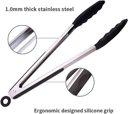 Kitchen Tongs Set of 2 Silicone Tongs in Pinch Test Grade, 12 Inch Salad Tongs Cooking Tongs with Silicone Tips IP Accessories, Metal Tongs for Cooking, Grilling, BBQ and Serving - Black & Red