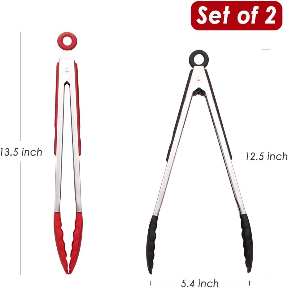 Kitchen Tongs Set of 2 Silicone Tongs in Pinch Test Grade, 12 Inch Salad Tongs Cooking Tongs with Silicone Tips IP Accessories, Metal Tongs for Cooking, Grilling, BBQ and Serving - Black & Red