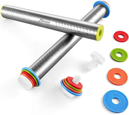 Rolling Pin and Silicone Pastry Mat Set with Adjustable Thickness Rings