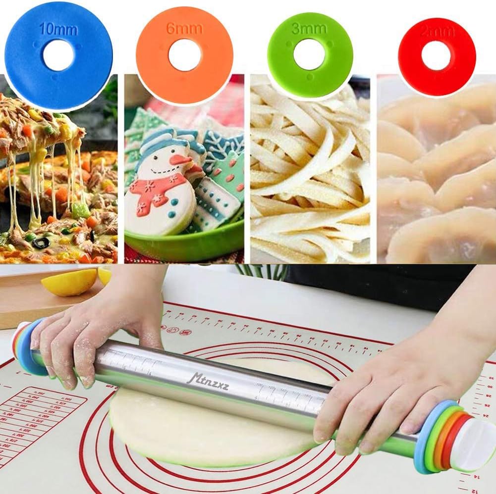 Rolling Pin and Silicone Pastry Mat Set with Adjustable Thickness Rings