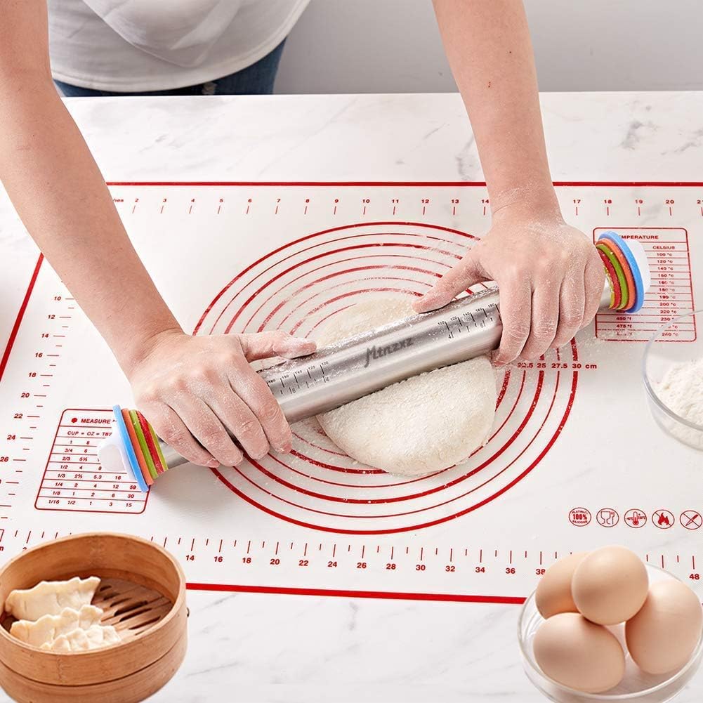 Rolling Pin and Silicone Pastry Mat Set with Adjustable Thickness Rings