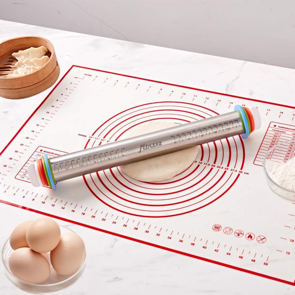Rolling Pin and Silicone Pastry Mat Set with Adjustable Thickness Rings