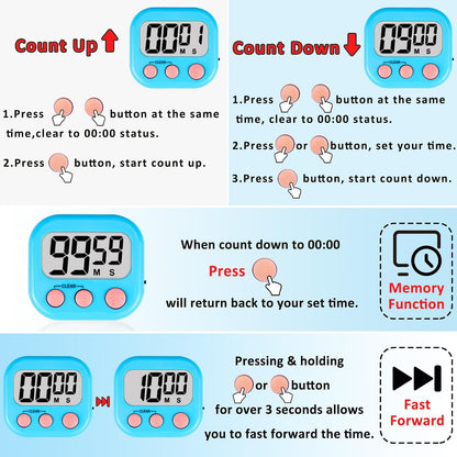 Digital Kitchen Classroom Timers for Kids Cooking 6pcs Blu Grn Pur