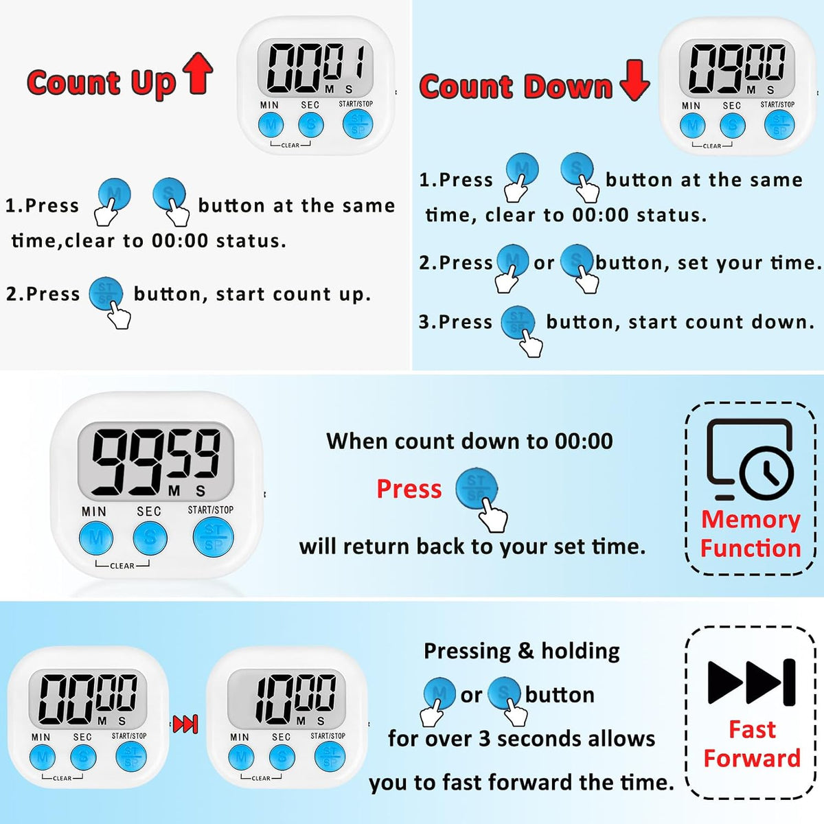 Digital Kitchen Classroom Timers for Kids Cooking 6pcs Blu Grn Pur