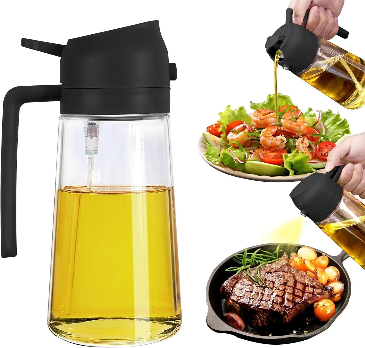 Oil Sprayer for Cooking,470ml Cooking Olive Oil Sprayer and Oil Dispenser 2 In 1, Food-grade Glass Oil Spray Bottle Mister for Air Fryer, BBQ, Griddle (Black+dark green glass and color label)