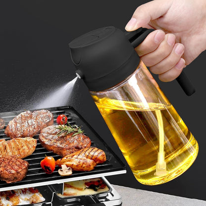 Oil Sprayer for Cooking,470ml Cooking Olive Oil Sprayer and Oil Dispenser 2 In 1, Food-grade Glass Oil Spray Bottle Mister for Air Fryer, BBQ, Griddle (Black+dark green glass and color label)