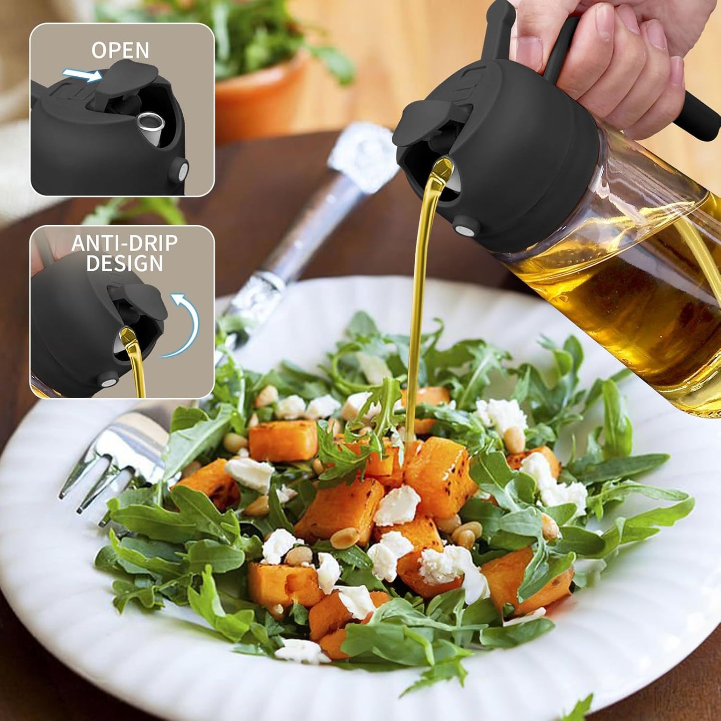 Oil Sprayer for Cooking,470ml Cooking Olive Oil Sprayer and Oil Dispenser 2 In 1, Food-grade Glass Oil Spray Bottle Mister for Air Fryer, BBQ, Griddle (Black+dark green glass and color label)
