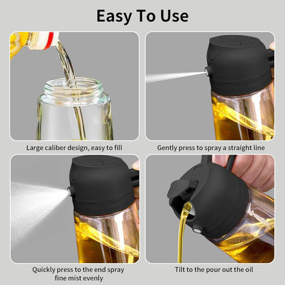 Oil Sprayer for Cooking,470ml Cooking Olive Oil Sprayer and Oil Dispenser 2 In 1, Food-grade Glass Oil Spray Bottle Mister for Air Fryer, BBQ, Griddle (Black+dark green glass and color label)