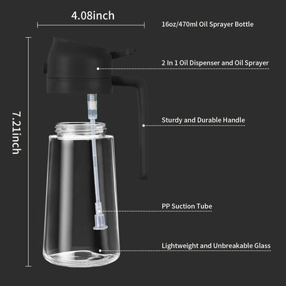 Oil Sprayer for Cooking,470ml Cooking Olive Oil Sprayer and Oil Dispenser 2 In 1, Food-grade Glass Oil Spray Bottle Mister for Air Fryer, BBQ, Griddle (Black+dark green glass and color label)