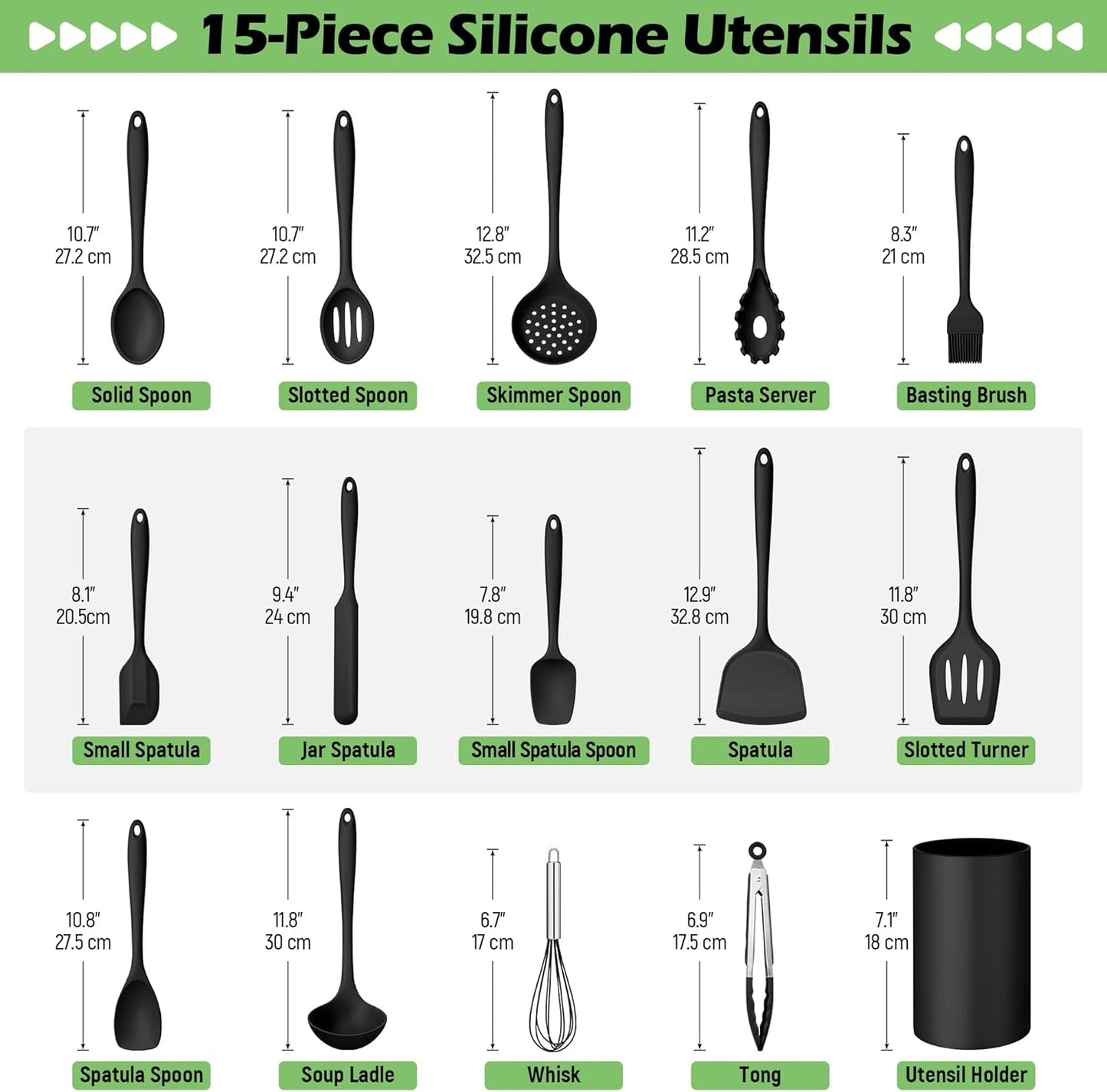 Silicone Cooking Utensil Set, 15pcs Kitchen Utensils with Holder for Nonstick Cookware, Heat Resistant Nontoxic Silicone Spatula Set Dishwasher Safe Kitchen Tools for Baking-Black