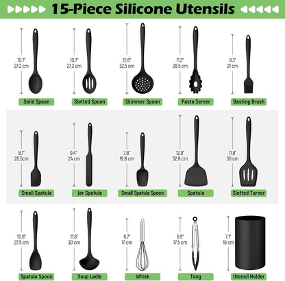 Silicone Cooking Utensil Set, 15pcs Kitchen Utensils with Holder for Nonstick Cookware, Heat Resistant Nontoxic Silicone Spatula Set Dishwasher Safe Kitchen Tools for Baking-Black