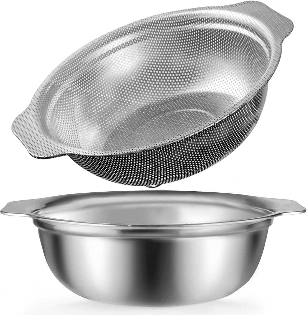 Stainless Steel Colander for Kitchen, 2.5QT Rice Washer Strainer with Mixing Bowl, Colander Bowl Set with Microporous for Washing Rice, Pasta, Spaghetti, Fruits, Dishwasher Safe(2PC)