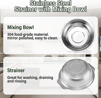 Stainless Steel Colander for Kitchen, 2.5QT Rice Washer Strainer with Mixing Bowl, Colander Bowl Set with Microporous for Washing Rice, Pasta, Spaghetti, Fruits, Dishwasher Safe(2PC)